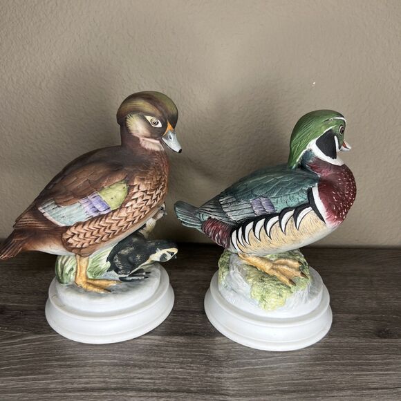 Set Of 2 Wood Duck By Andrea Collectible Bird Figurines 9" Tall Male Mom Babies - Picture 2 of 9
